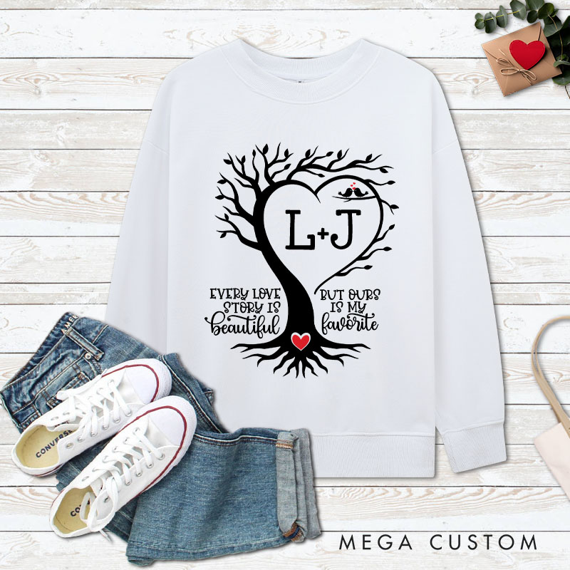 Personalized Couple Love Tree Matching Sweatshirt with Initials Couple Valentine's Day Sweatshirt for Husband Wife Boyfriend Girlfriend