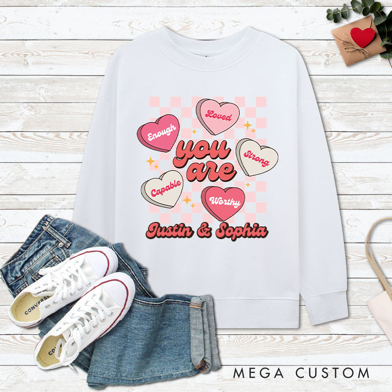 Personalized Couple Pink Checkerboard Heart Matching Sweatshirt with Name Couple Valentine's Day Sweatshirt for Husband Wife Boyfriend Girlfriend