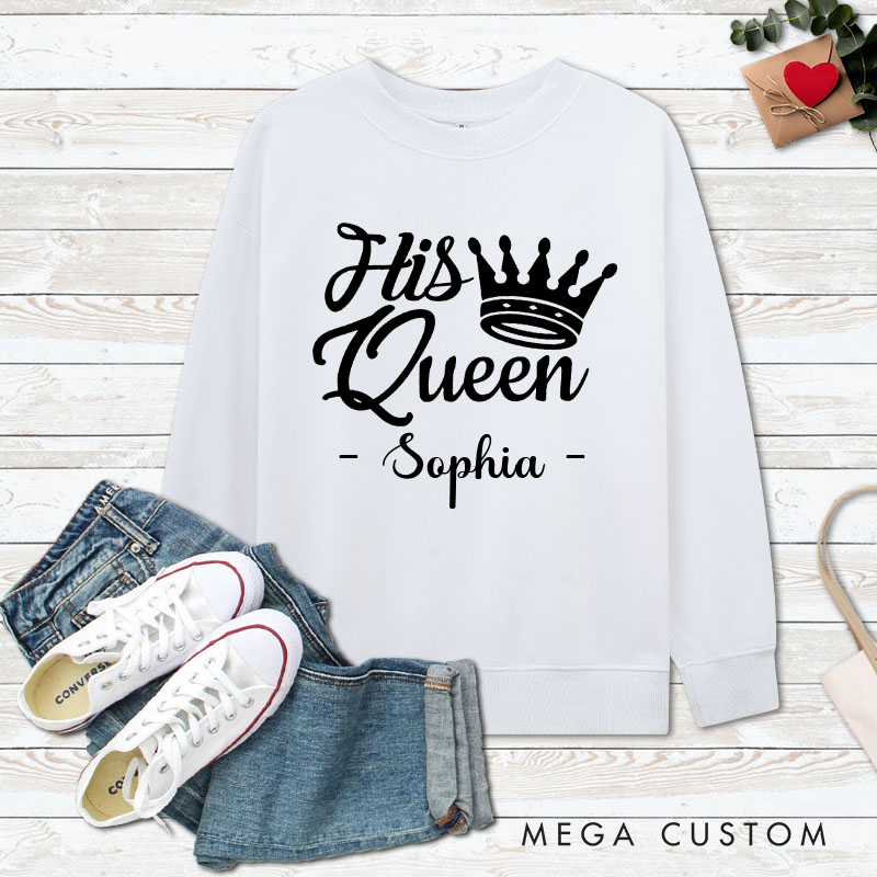 Personalized Couple Elegant Her King and His Queen with Crown Matching Sweatshirt Valentine's Day Sweatshirt for Husband Wife Boyfriend Girlfriend