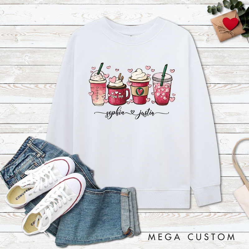 Personalized Couple Pink Coffee with Heart Matching Sweatshirt Couple Valentine’s Day Sweatshirt for Husband Wife Boyfriend Girlfriend