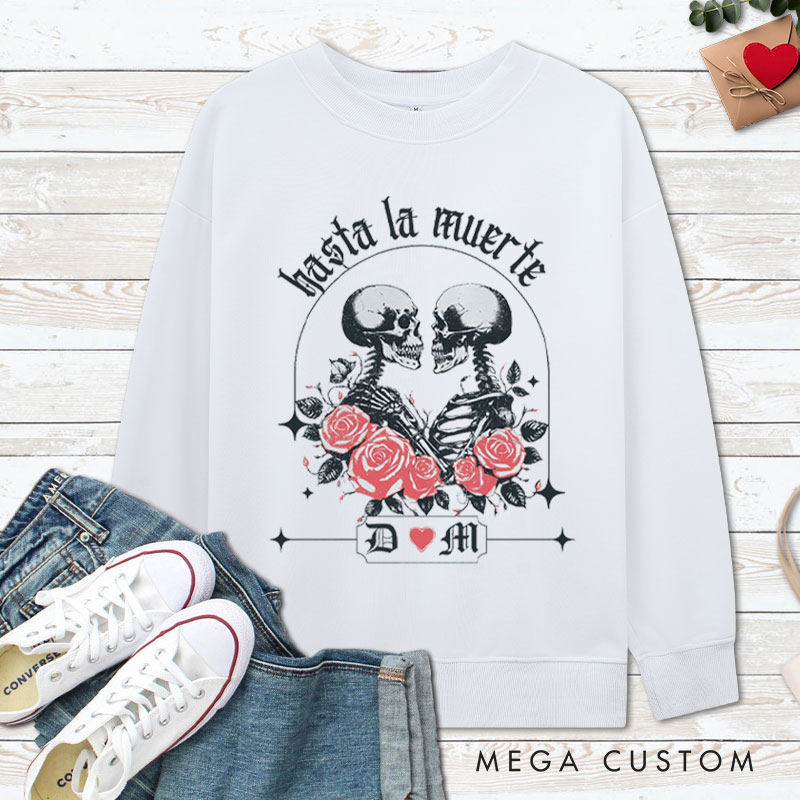 Personalized Hasta La Muerte Skeleton Couple with Roses Halloween Couple Sweatshirt