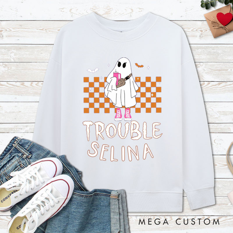 Personalized Where I Go Trouble Follows Ghost with Checkered Background Halloween Couple Sweatshirt