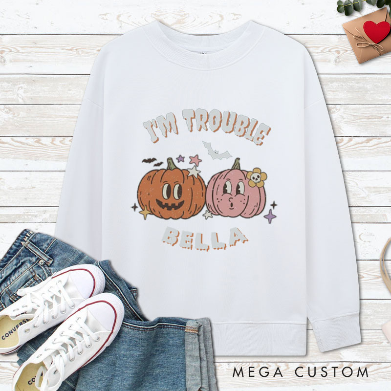 Personalized Where I Go Trouble Follows & I'm Trouble Pumpkin Halloween Couple Sweatshirt