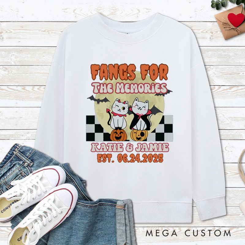 Personalized Love at First Bite and Fangs for the Memories Cat Couple Halloween Couple Sweatshirt