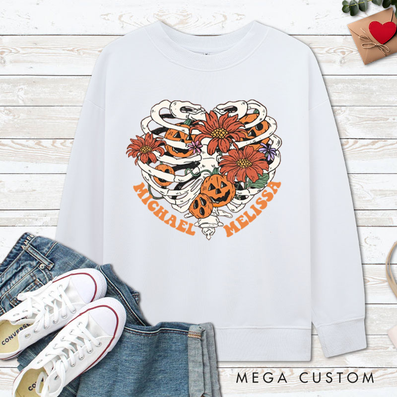 Personalized Floral Skeleton Ribcage with Pumpkins Halloween Couple Sweatshirt