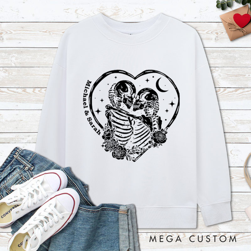 Personalized Eternal Love Skeleton Couple in Heart Halloween Couple Sweatshirt