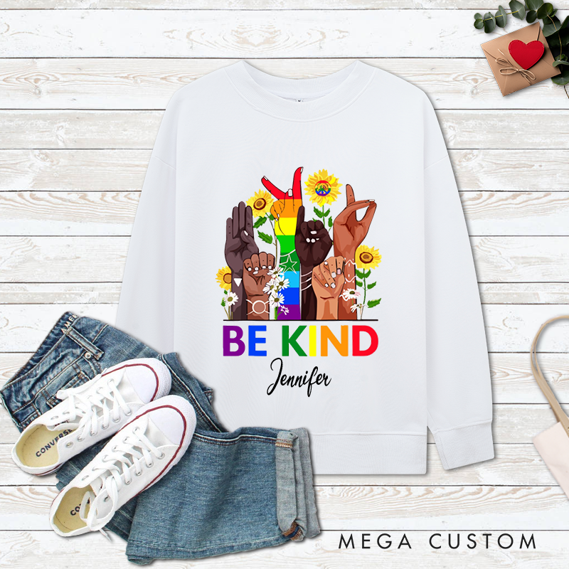 Personalized Be Kind Classic Ugly Sweatshirts with Diverse Skin Color Gestures Rainbow Elements and Sunflower Patterns Perfect Gift for Yoga Lover and Mindfulness