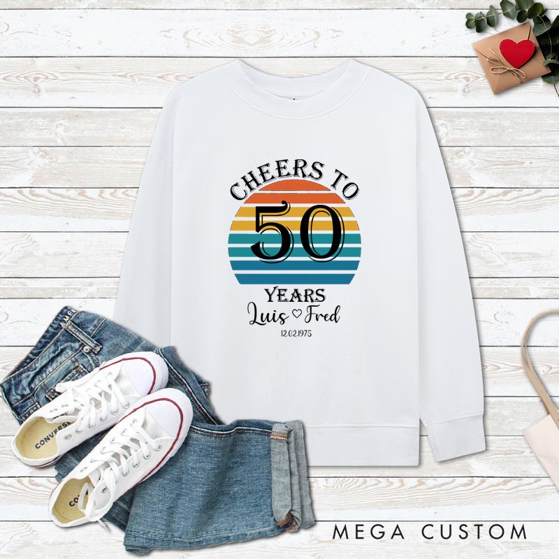 Personalized Couple 50th Anniversary Sweatshirt Retro Sunset Anniversary Tops Cheers to 50 Years Outfits for Husband Wife