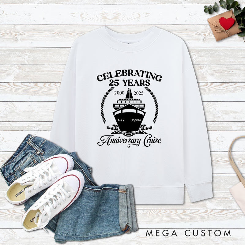 Personalized Couple 25th Cruisin Anniversary Sweatshirt Celebrating 25 Years Anniversary Cruise Outfits for Husband Wife Cruisin Gift Tops