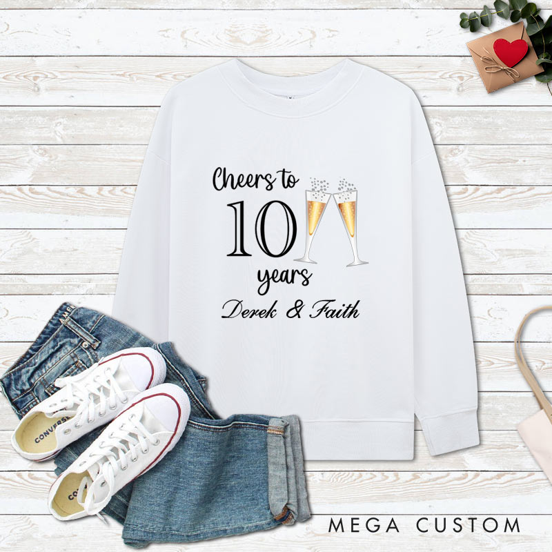 Personalized Couple 10th Anniversary Sweatshirt Cheers to 10 Years Sweatshirt Anniversary Gift Champagne Outfit for Wife Husband Couple Gift Top