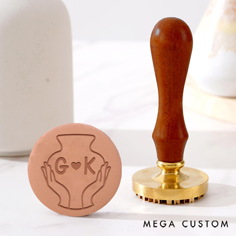 Personalized Clay Pottery Stamp Gift for Pottery Lovers with Line Hands and Custom Initials