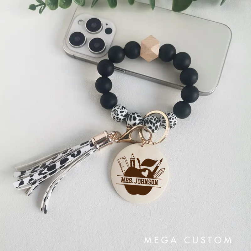 Personalized Teacher Keychain Silicone Beads Bracelet Keychain Wooden Engraved Wristlet Keychain Teacher Appreciation Gift