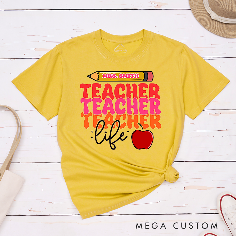Personalized Teacher Life Bold Multicolor Text Design with Heart and Whimsy T-Shirts