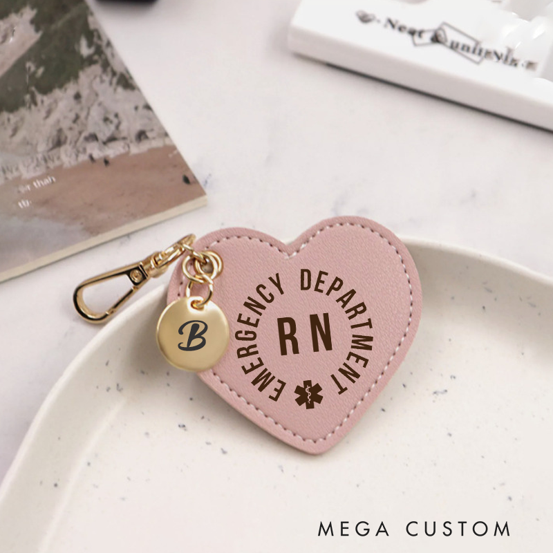 Personalized Heart Leather Engraved Keychain for ER Nurse Emergency Department Nurse Keychain Gift