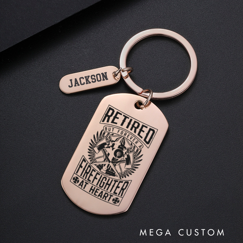 Personalized Firefighter Engraved Keychain Retired But Forever a Firefighter at Heart Heartfelt Retirement Gift for Fireman