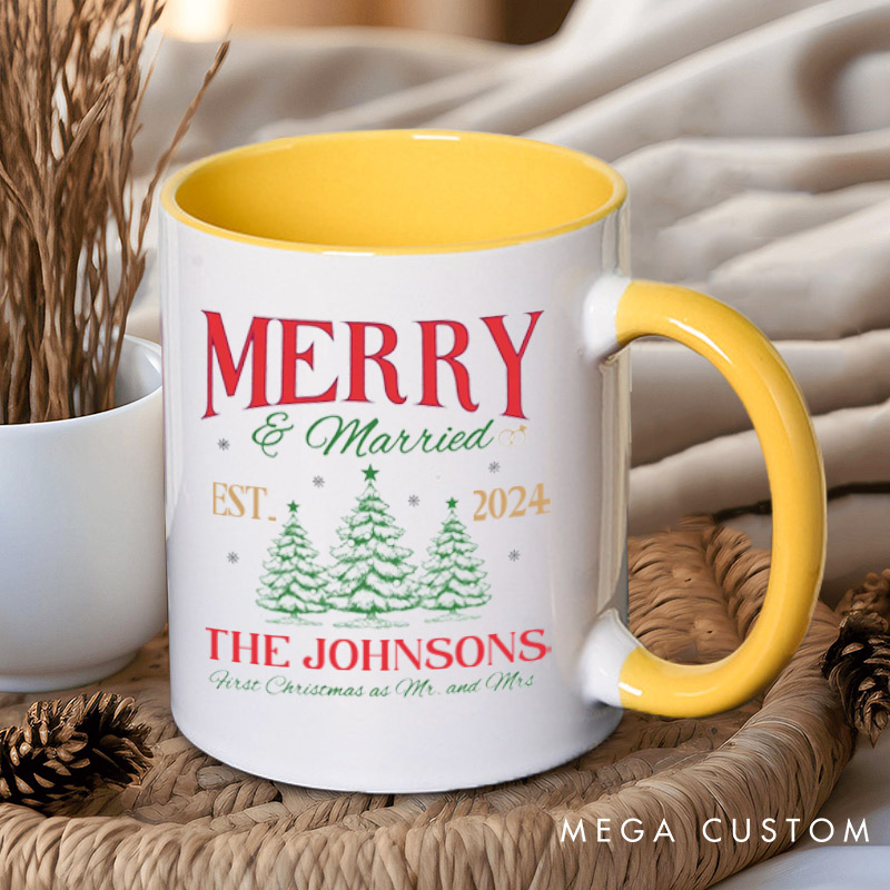 Personalized Joyful Merry and Married the First Christmas as Mr and Mrs Couple Mugs