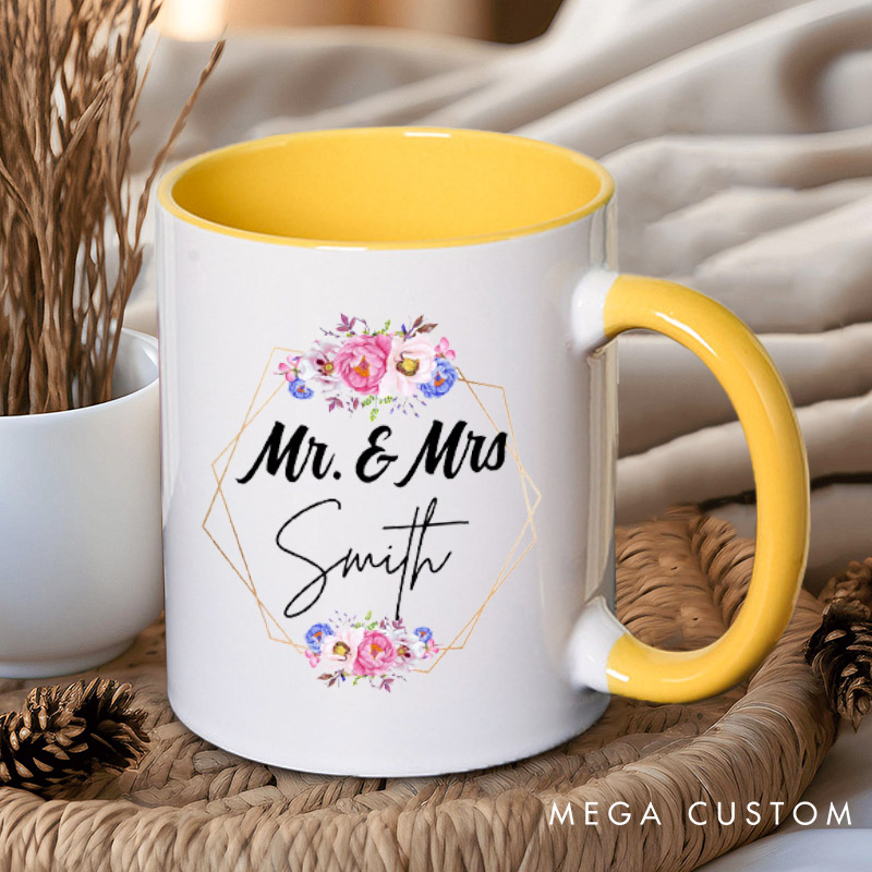 Personalized Geometric Frame with Watercolor Floral Mr and Mrs Wedding Couple Mugs