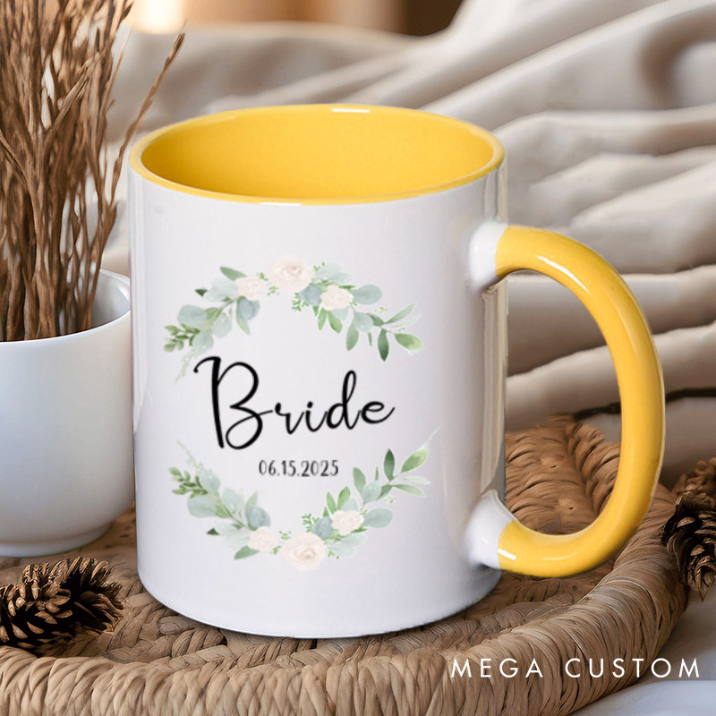 Personalized Elegant Floral Wreath Bride and Groom Matching Wedding Couple Mugs