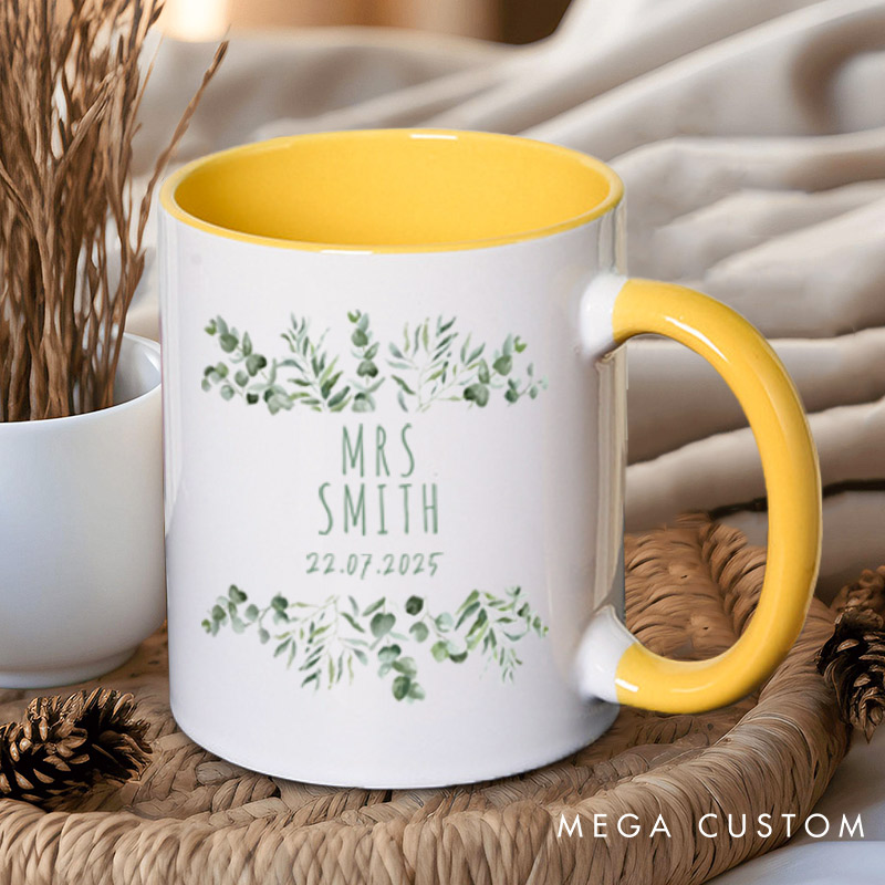 Personalized Elegant Botanical Mr and Mrs Wedding Couple Mugs