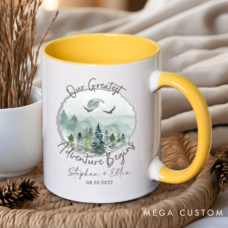 Personalized Romantic Nature Our Greatest Adventure Begins Wedding Couple Mugs