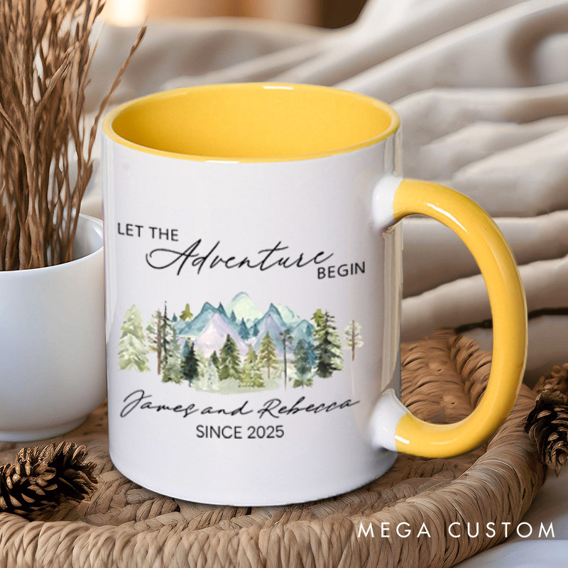 Personalized Mountain Scenic Let the Adventure Begin Newlyweds Wedding Couple Mugs