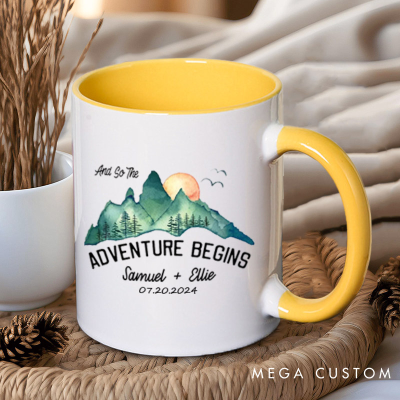 Personalized Scenic And So The Adventure Begins Newlyweds Wedding Couple Mugs