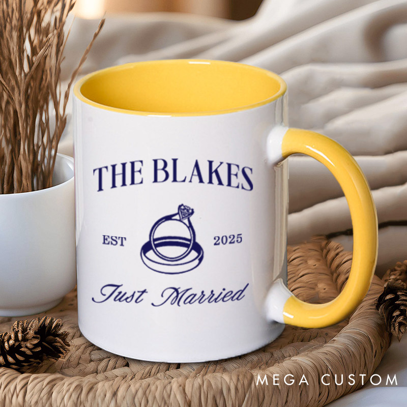 Personalized Elegant Just Married Wedding Rings Newlyweds Wedding Couple Mugs