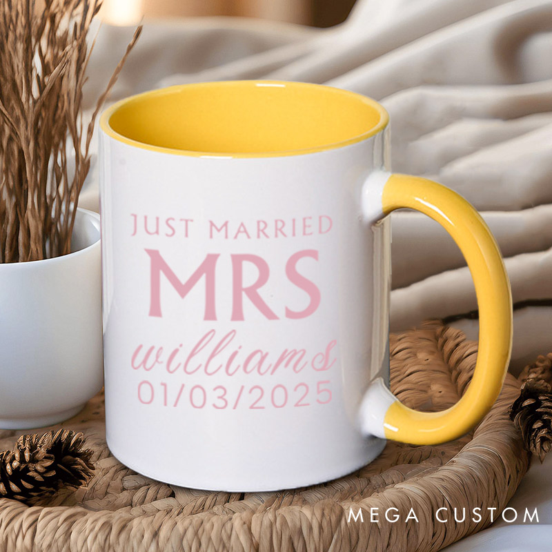 Personalized Minimalist Just Married Mr and Mrs Wedding Couple Mugs