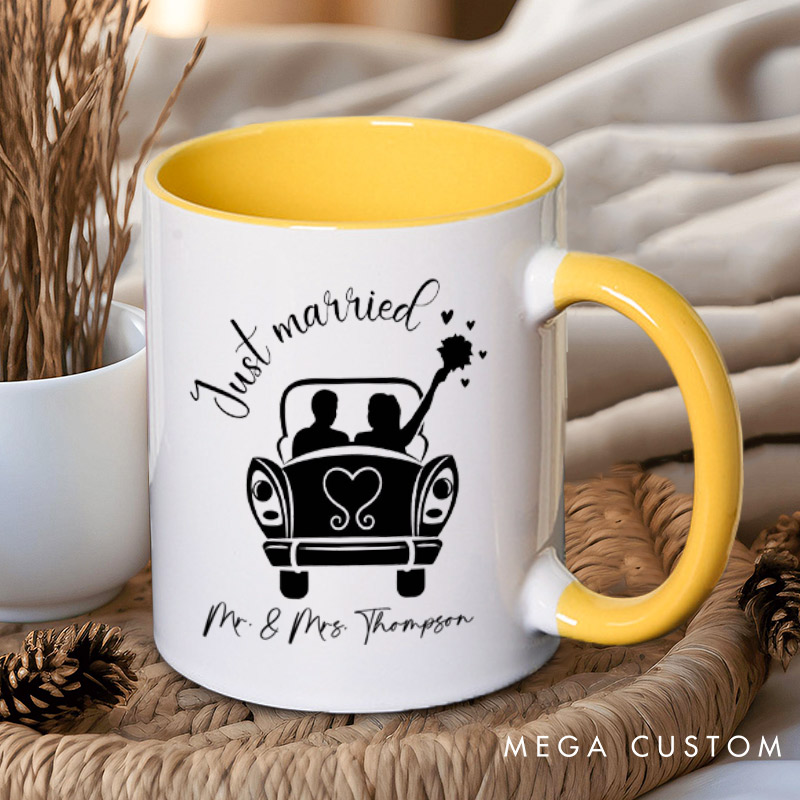 Personalized Romantic Just Married with Wedding Car Wedding Couple Mugs