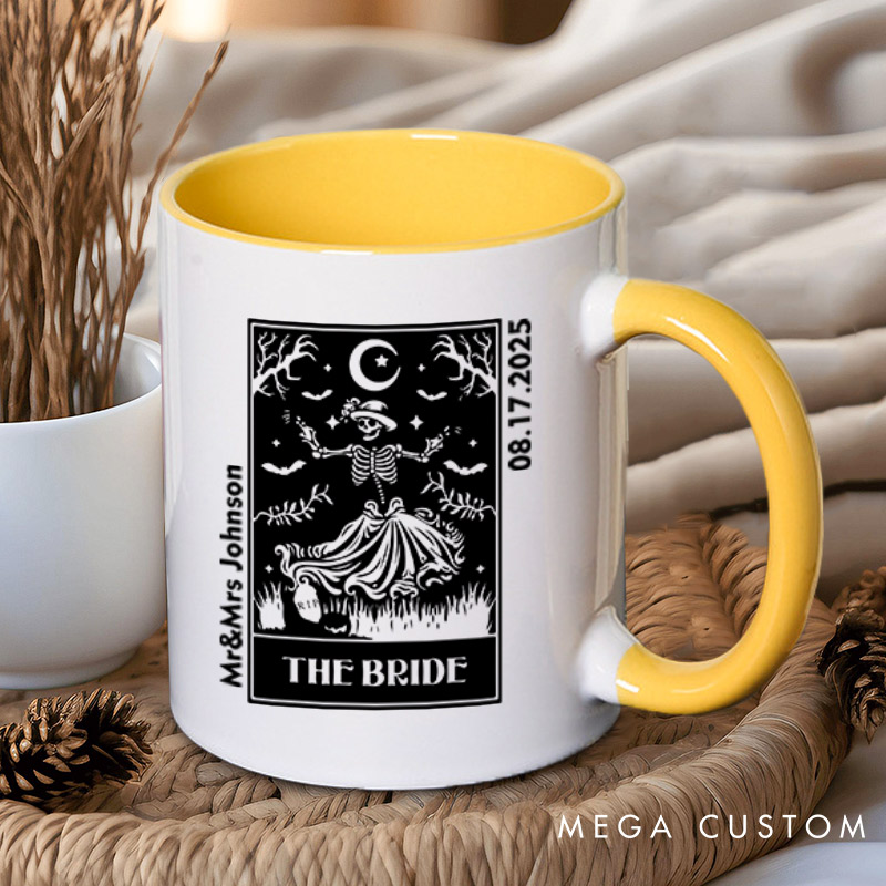 Personalized Whimsical Tarot Card Skeleton Bride and Groom Wedding Couple Mugs