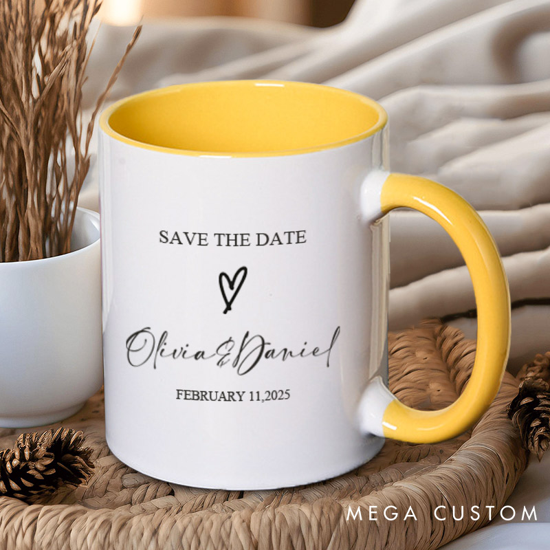 Personalized Save The Date with Your Names and Heart Wedding Couple Mugs