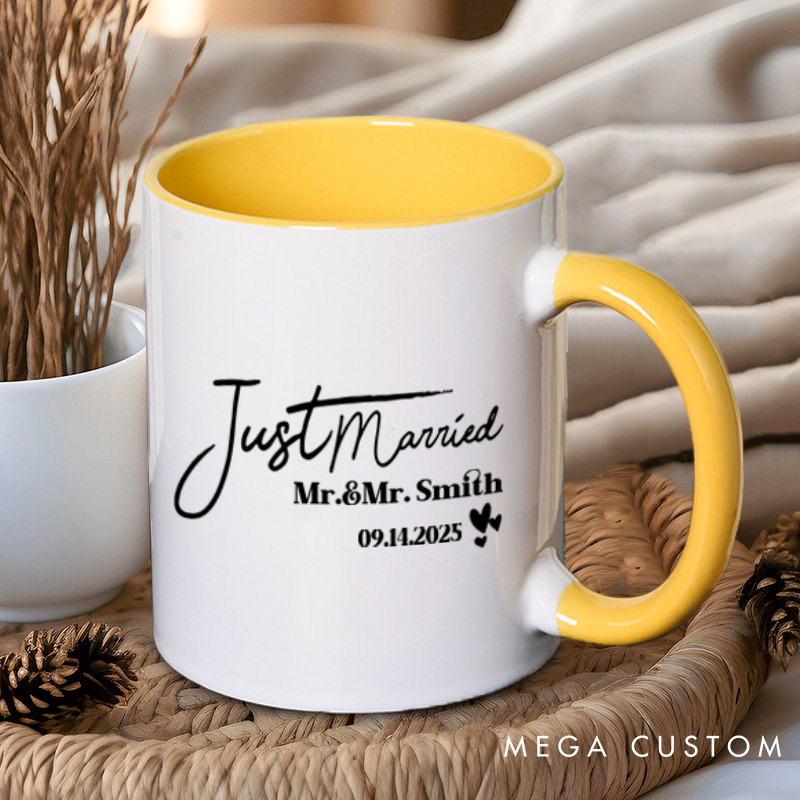 Personalized Elegant Just Married Mr and Mrs with Hearts Wedding Couple Mugs