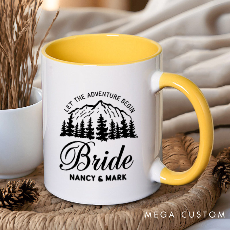 Personalized Mountain Serene Let The Adventure Begin Bride and Groom Wedding Couple Mugs