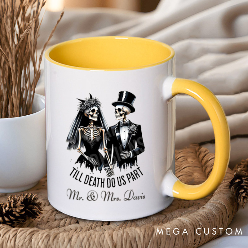 Personalized Til Death Do Us Part Skeleton Bride and Groom Matching Wedding Couple Mugs