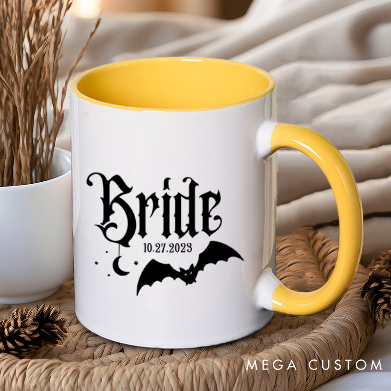 Personalized Halloween Gothic Bride and Groom with Bat and Moon Matching Wedding Couple Mugs
