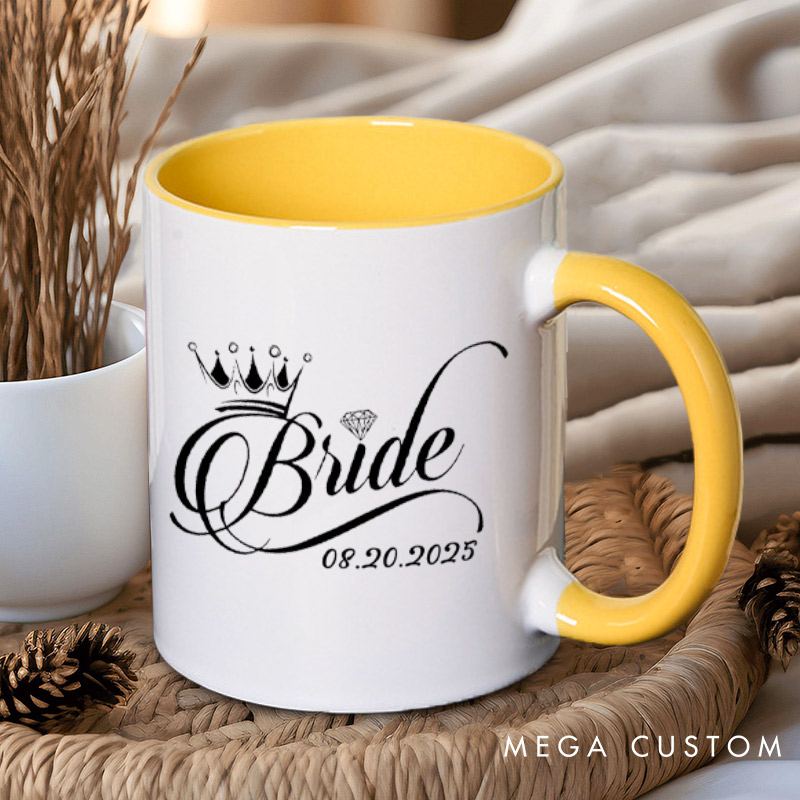 Personalized Regal Bride and Groom with Crowns and Date Matching Wedding Couple Mugs