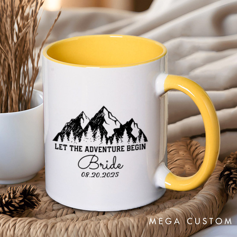 Personalized Rustic Line Mountains Let The Adventure Begin Bride and Groom Matching Wedding Couple Mugs