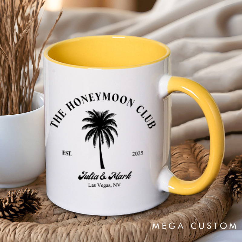 Personalized Tropical The Honeymoon Club with Palm Tree Matching Honeymoon Couple Mugs