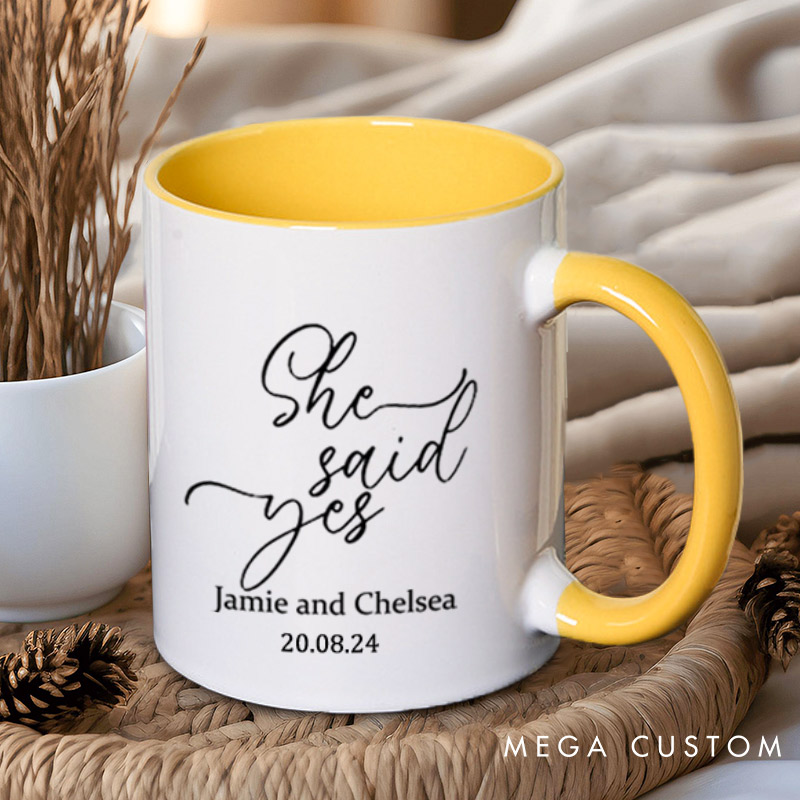 Personalized He Asked and She Said Yes Engagement Couple Mugs