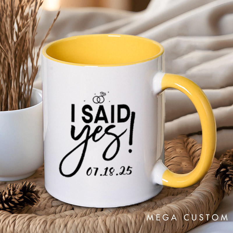 Personalized Elegant I Asked and I Said Yes Engagement Announcement with Rings Engagement Couple Mugs