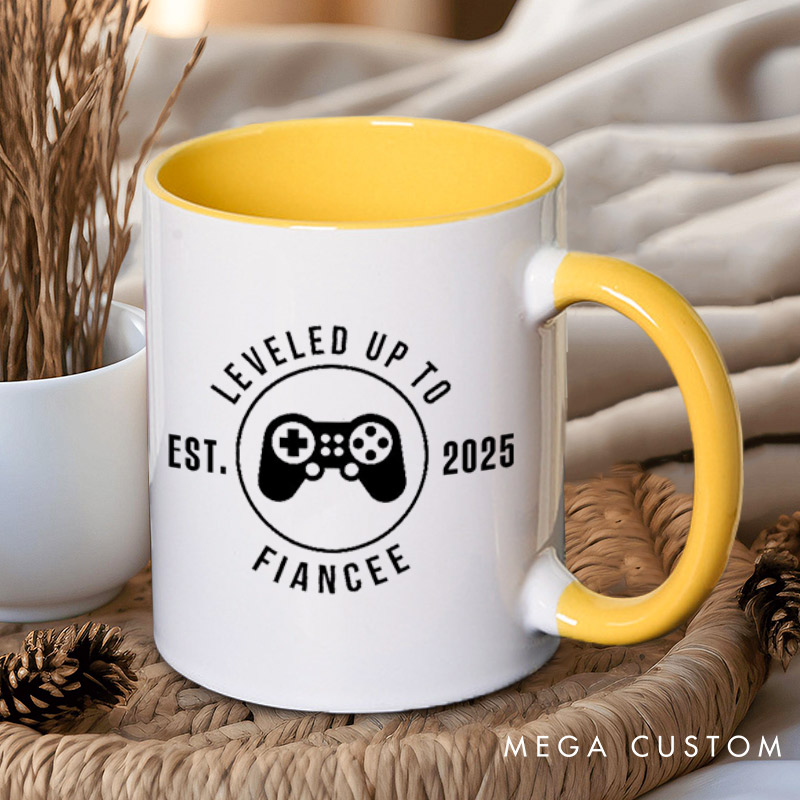 Personalized Leveled Up to Fiancée and Fiancé with Gaming Controller Engagement Couple Mugs