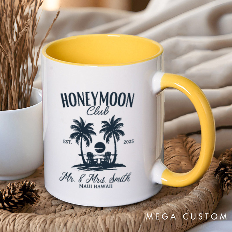Personalized Vintage Tropical Honeymoon Club with Sunset Matching Honeymoon Couple Mugs