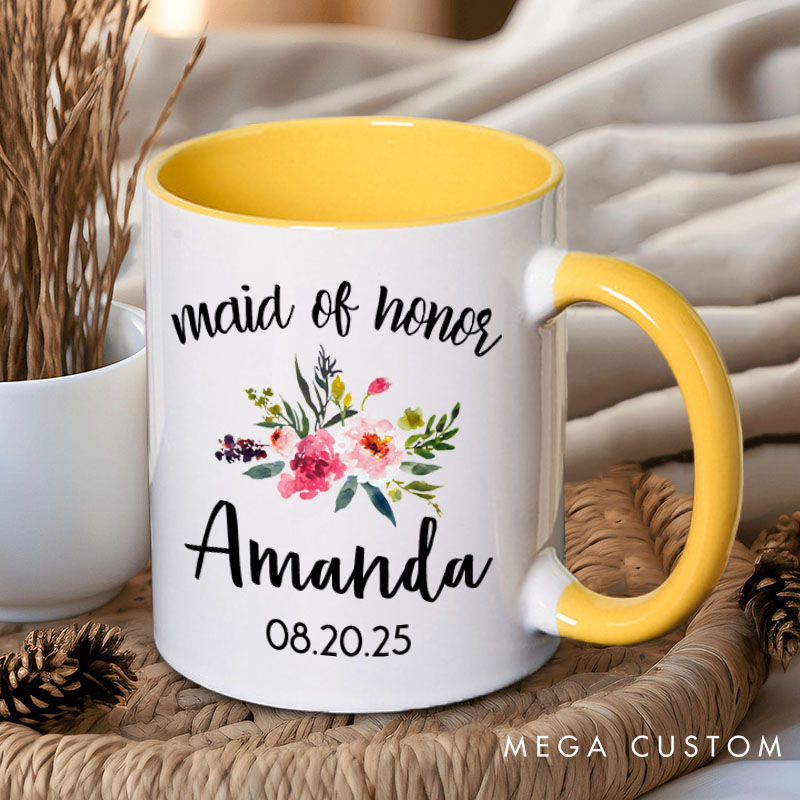Personalized Colorful Floral Maid of Honor Mug Bridesmaid Mug with Name Bachelorette Party Mug Bridesmaid Proposal Gift Bridal Shower Mug