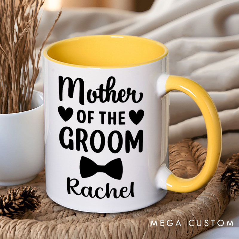 Personalized Mother of the Bride Mug Mother of the Groom Mug Bow Tie and Dress Mug Bachelorette Party Mug MOG MOB Gift Wedding Mug