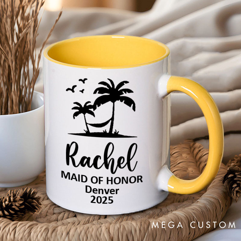 Personalized Bridesmaid Palm Tree and Hammock Mug Maid of Honor Name Mug Bachelorette Party Mug Bridesmaid Proposal Gift for Her Bridal Shower Mug