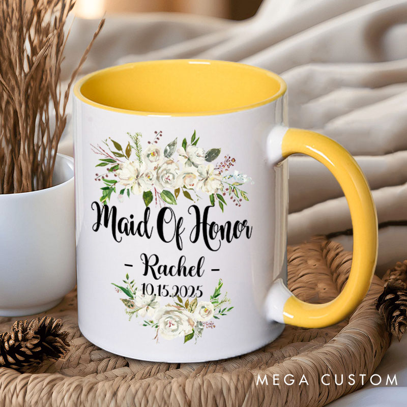 Personalized Maid of Honor White Floral Mug Name Bridesmaid Mug Bachelorette Party Mug with Date Bridesmaid Proposal Gift for Her Bridal Shower Mug