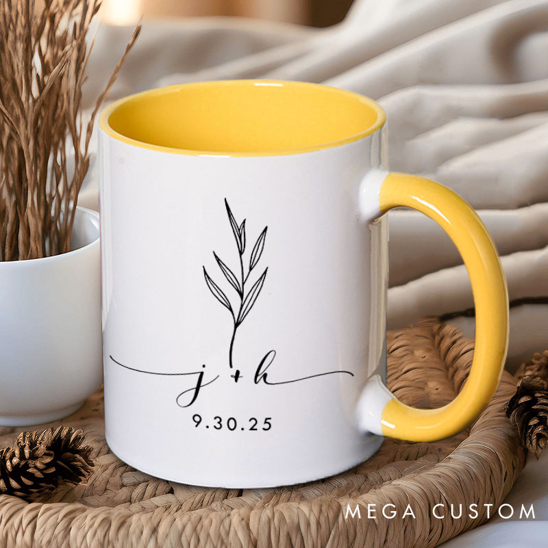 Personalized Couple Minimalist Leaf Mug with Date Custom Couple Initials Coffee Mug Valentine's Day Mug for Husband Wife Boyfriend Girlfriend