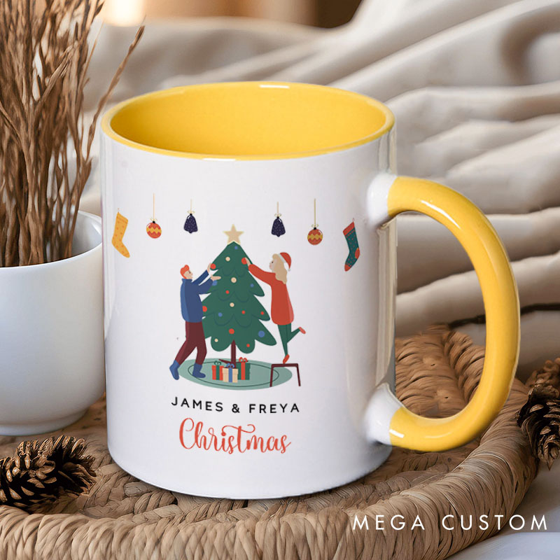 Personalized Couple Decorating a Christmas Tree Mug Custom Couple Name Xmas Coffee Mug Christmas Mug for Husband Wife Boyfriend Girlfriend