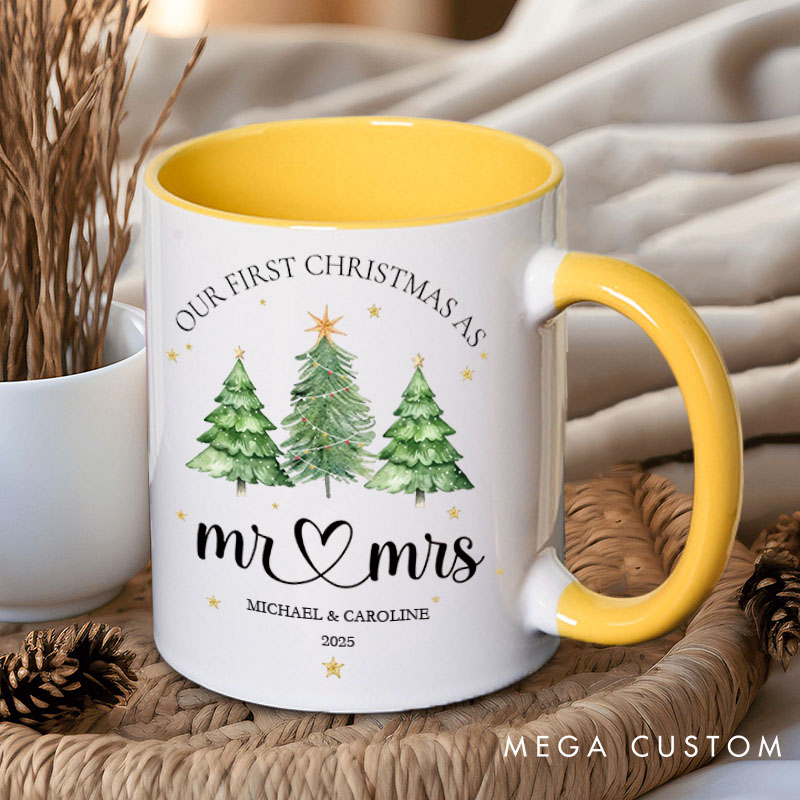 Personalized Couple Our First Christmas as Mr. and Mrs. Mug Custom Couple Xmas Tree Coffee Mug with Name Christmas Mug for Husband Wife Hubby Wifey