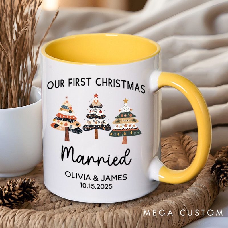 Personalized Couple Our First Christmas Married Mug Custom Newlyweds Name Xmas Tree Coffee Mug Christmas Mug for Husband Wife Hubby Wifey